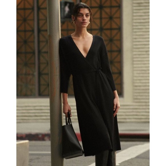 Everlane The Ribbed Wrap Midi Dress in Black Large Womens - Picture 1 of 13